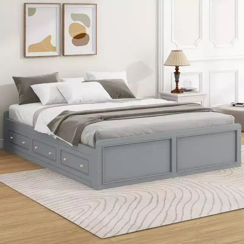 Lit plateforme queen avec 6 tiroirs, expresso/gris/blanc, 1 personne