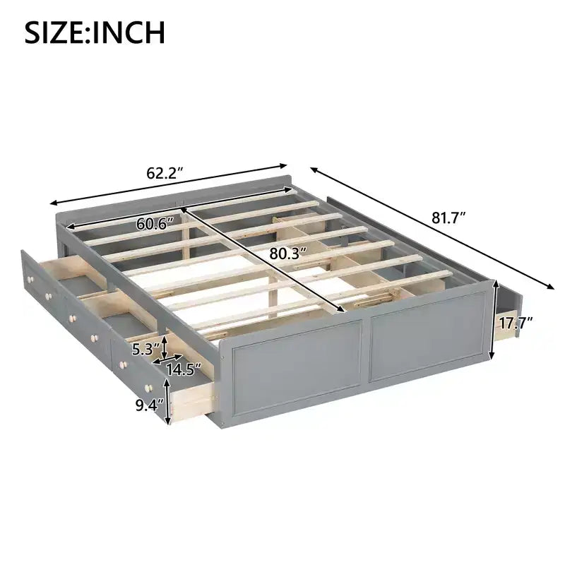 Lit plateforme queen avec 6 tiroirs, expresso/gris/blanc, 1 personne