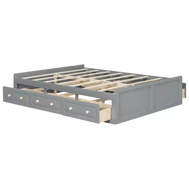 Lit plateforme queen avec 6 tiroirs, expresso/gris/blanc, 1 personne
