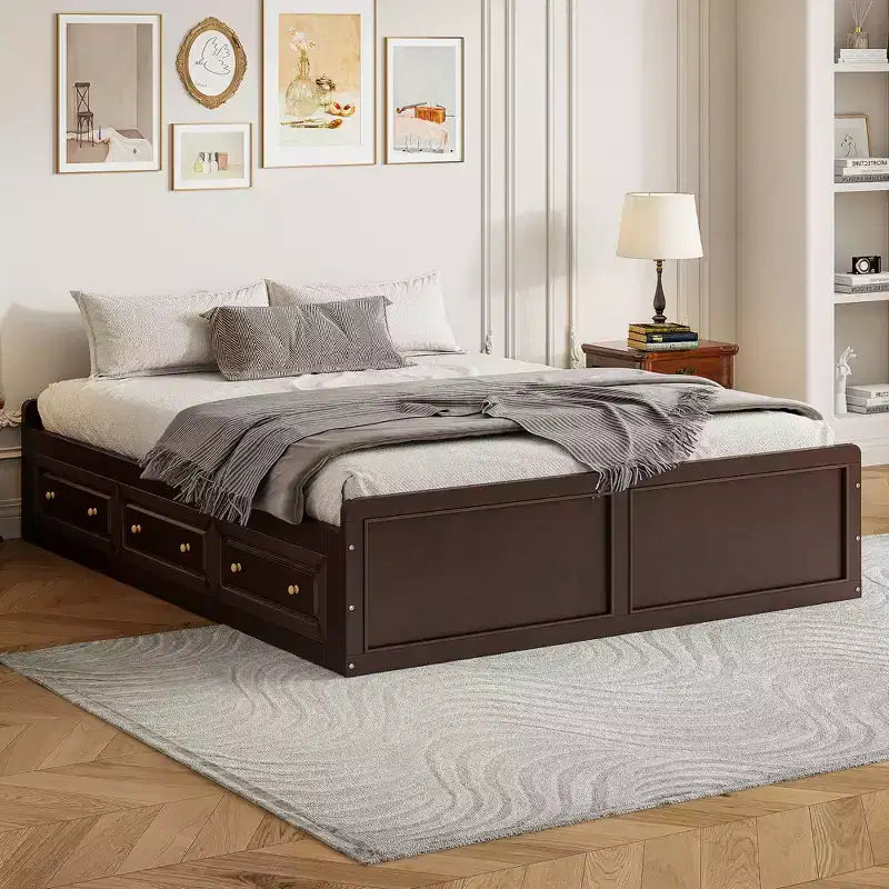 Lit plateforme queen avec 6 tiroirs, expresso/gris/blanc, 1 personne