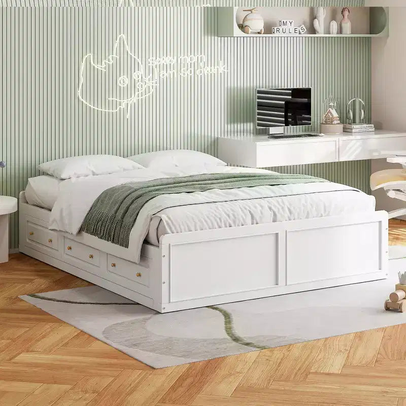 Lit plateforme queen avec 6 tiroirs, expresso/gris/blanc, 1 personne