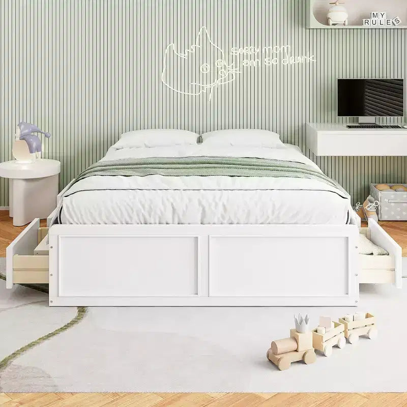 Lit plateforme queen avec 6 tiroirs, expresso/gris/blanc, 1 personne