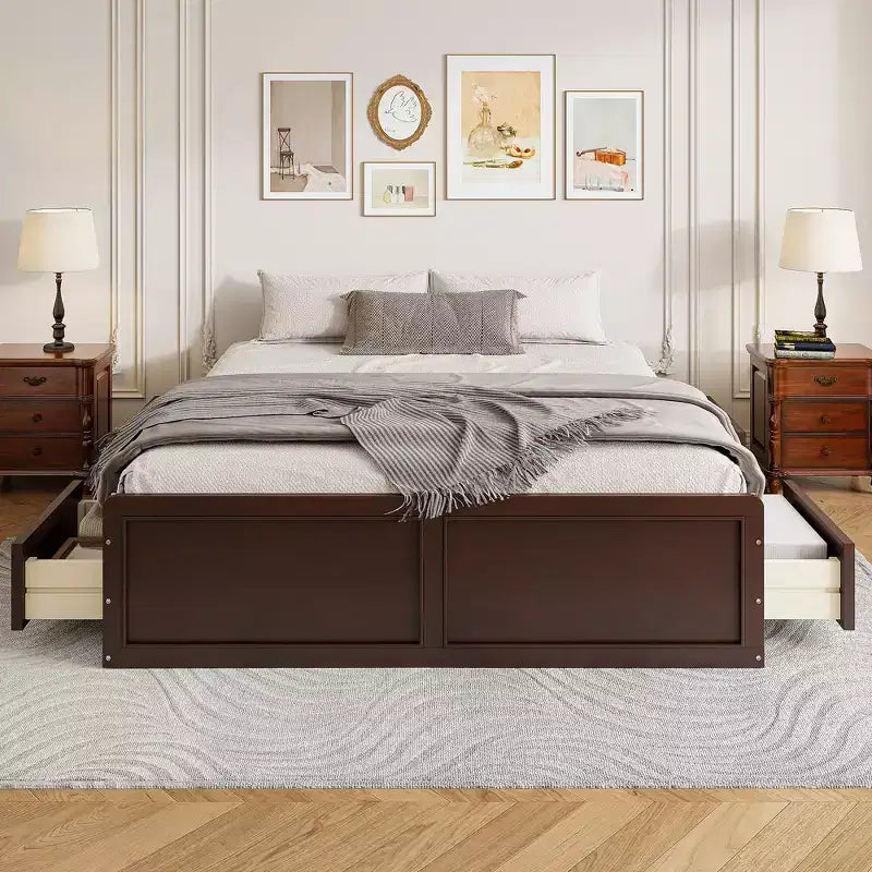 Lit plateforme queen avec 6 tiroirs, expresso/gris/blanc, 1 personne