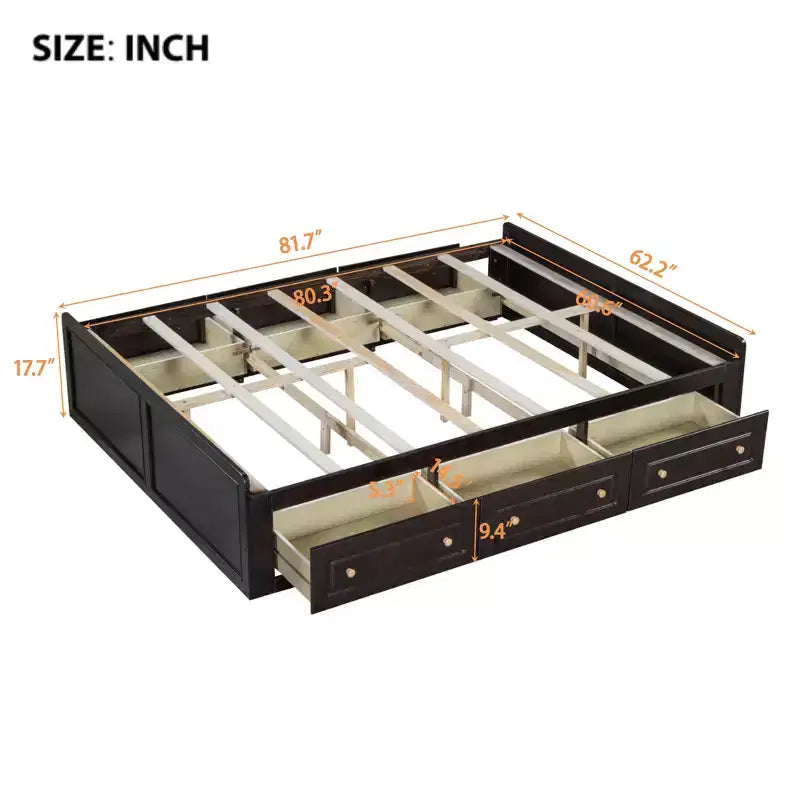 Lit plateforme queen avec 6 tiroirs, expresso/gris/blanc, 1 personne