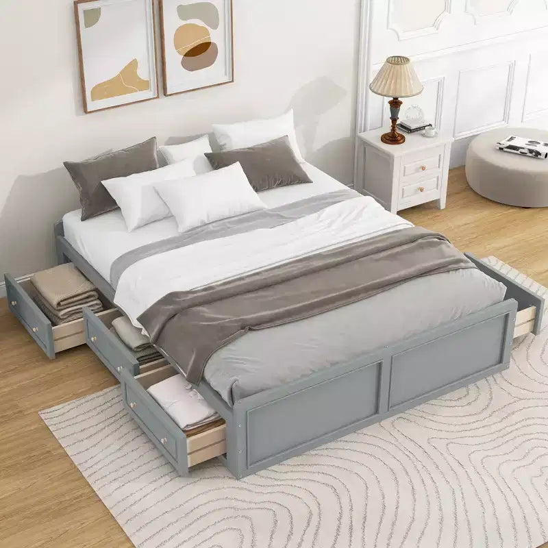 Lit plateforme queen avec 6 tiroirs, expresso/gris/blanc, 1 personne