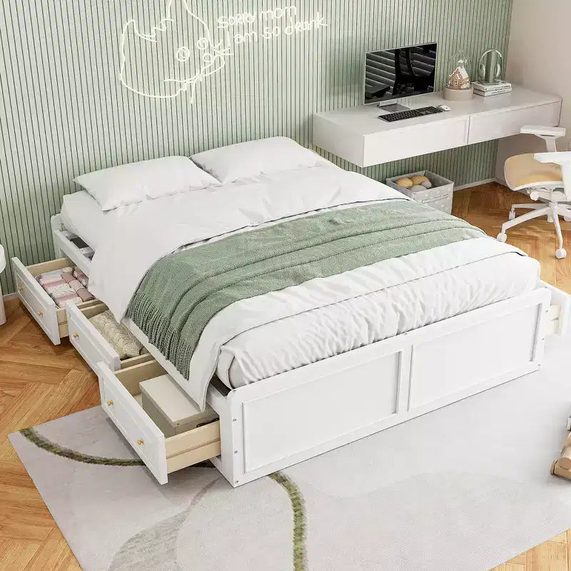 Lit plateforme queen avec 6 tiroirs, expresso/gris/blanc, 1 personne