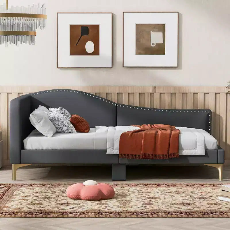 Lit de repos rembourré jumeau et double beige/gris avec tête de lit et accoudoirs, pour 1 à 2 personnes
