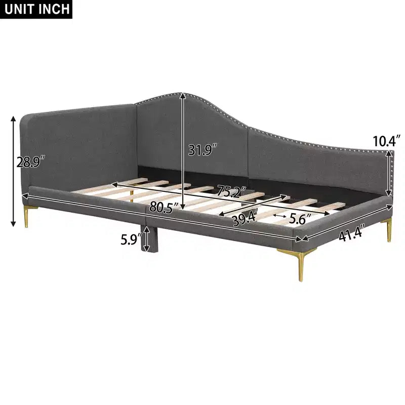 Lit de repos rembourré jumeau et double beige/gris avec tête de lit et accoudoirs, pour 1 à 2 personnes