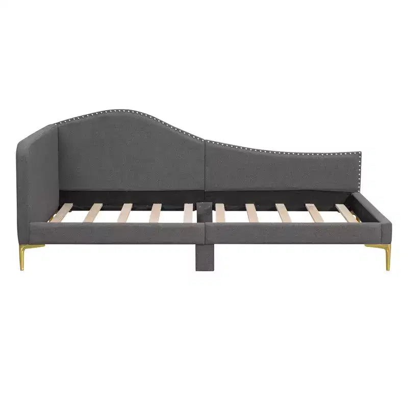 Lit de repos rembourré jumeau et double beige/gris avec tête de lit et accoudoirs, pour 1 à 2 personnes