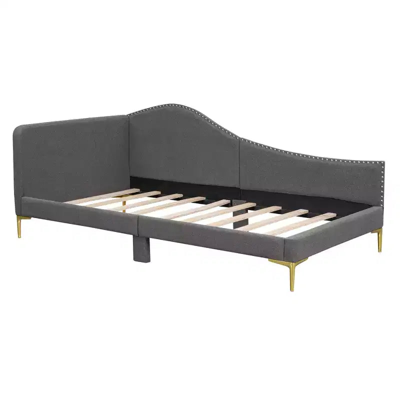 Lit de repos rembourré jumeau et double beige/gris avec tête de lit et accoudoirs, pour 1 à 2 personnes