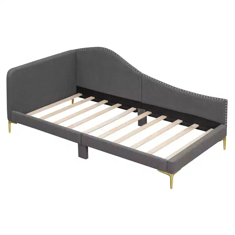 Lit de repos rembourré jumeau et double beige/gris avec tête de lit et accoudoirs, pour 1 à 2 personnes