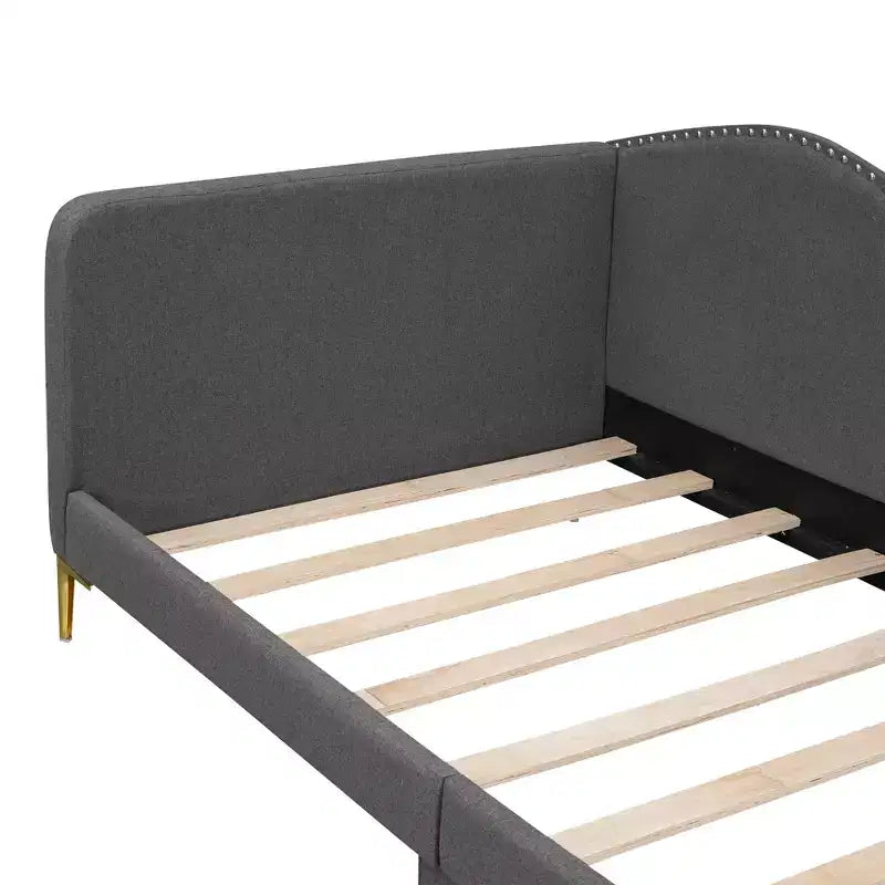 Lit de repos rembourré jumeau et double beige/gris avec tête de lit et accoudoirs, pour 1 à 2 personnes
