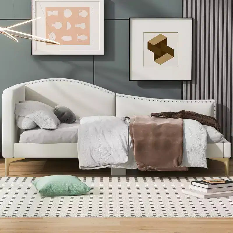 Lit de repos rembourré jumeau et double beige/gris avec tête de lit et accoudoirs, pour 1 à 2 personnes