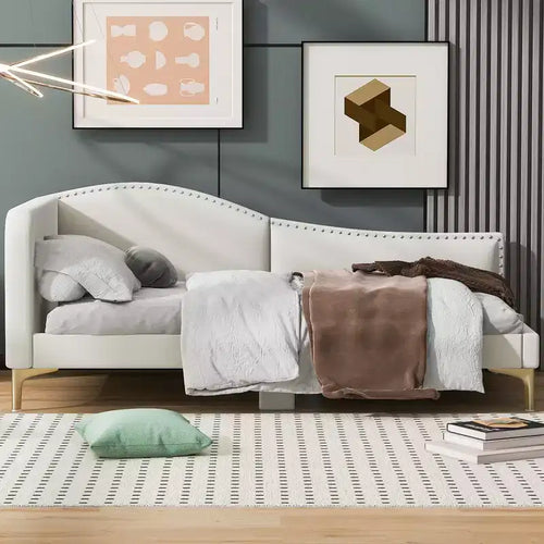 Lit de repos rembourré jumeau et double beige/gris avec tête de lit et accoudoirs, pour 1 à 2 personnes