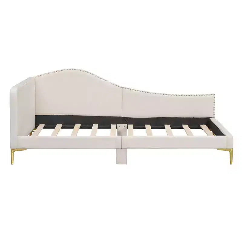 Lit de repos rembourré jumeau et double beige/gris avec tête de lit et accoudoirs, pour 1 à 2 personnes