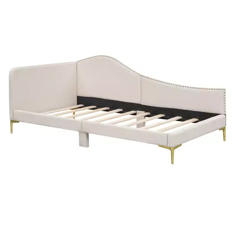 Lit de repos rembourré jumeau et double beige/gris avec tête de lit et accoudoirs, pour 1 à 2 personnes