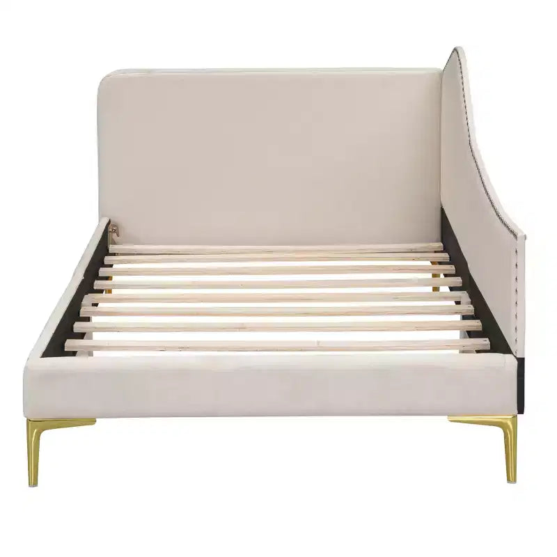 Lit de repos rembourré jumeau et double beige/gris avec tête de lit et accoudoirs, pour 1 à 2 personnes