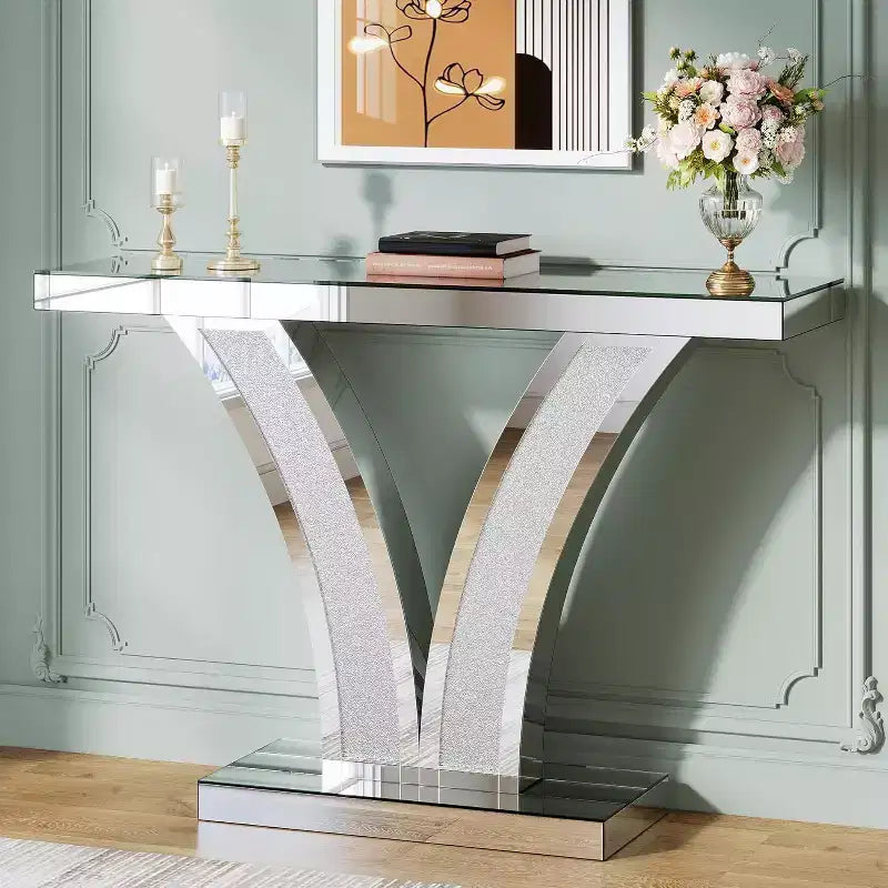 Console Miroir Lantine, Table d'Entrée/Canapé Moderne Argentée avec Cadres Incrustés de Cristaux
