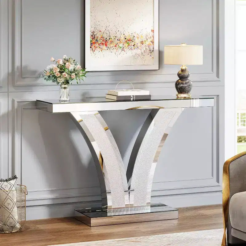 Console Miroir Lantine, Table d'Entrée/Canapé Moderne Argentée avec Cadres Incrustés de Cristaux