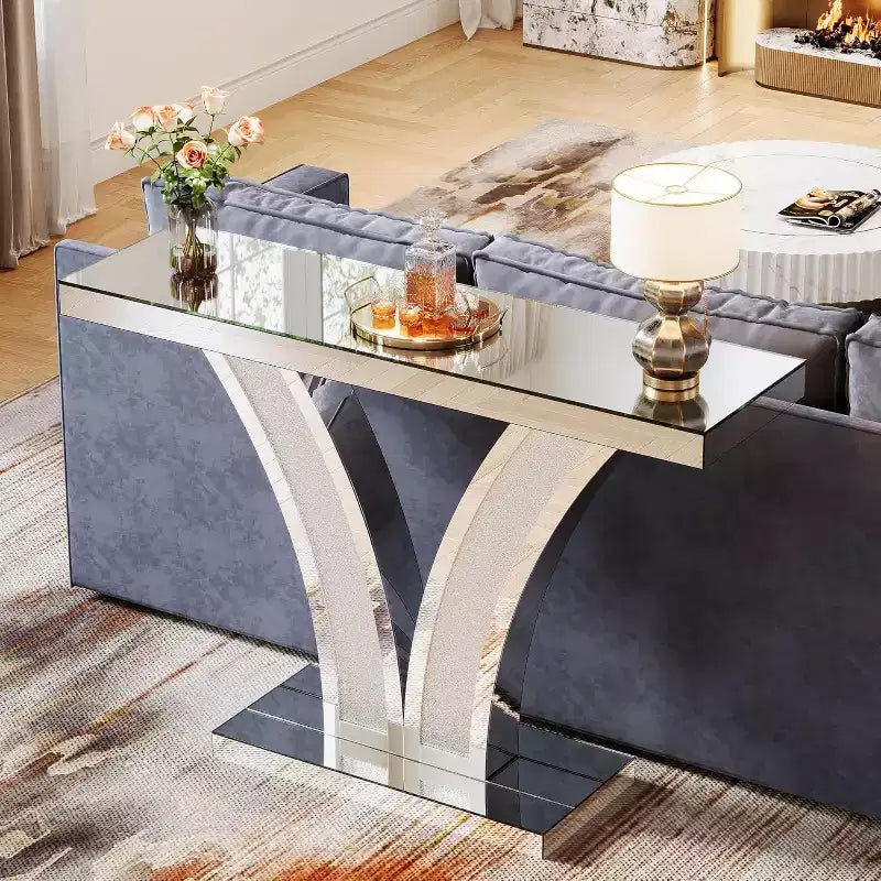 Console Miroir Lantine, Table d'Entrée/Canapé Moderne Argentée avec Cadres Incrustés de Cristaux