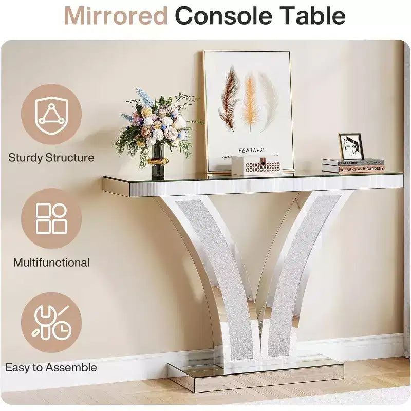 Console Miroir Lantine, Table d'Entrée/Canapé Moderne Argentée avec Cadres Incrustés de Cristaux