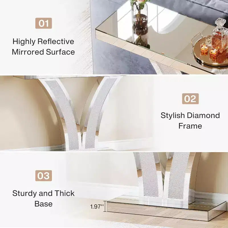 Console Miroir Lantine, Table d'Entrée/Canapé Moderne Argentée avec Cadres Incrustés de Cristaux