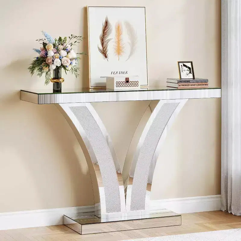 Console Miroir Lantine, Table d'Entrée/Canapé Moderne Argentée avec Cadres Incrustés de Cristaux
