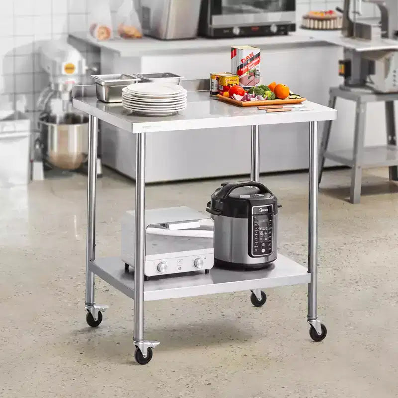 Table de travail à 2 étagères en acier inoxydable argenté avec roulettes – Usage commercial