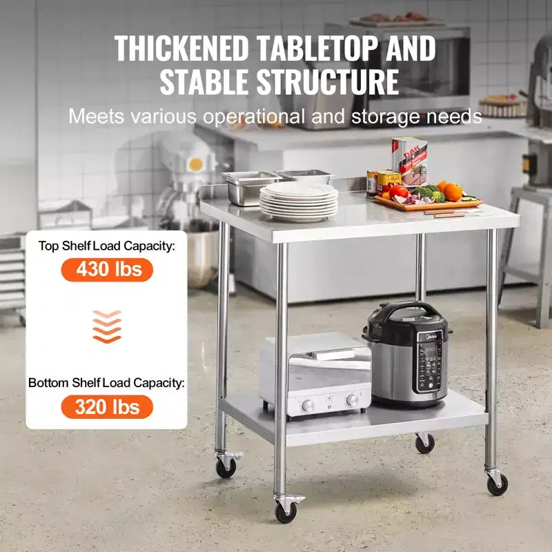Table de travail à 2 étagères en acier inoxydable argenté avec roulettes – Usage commercial