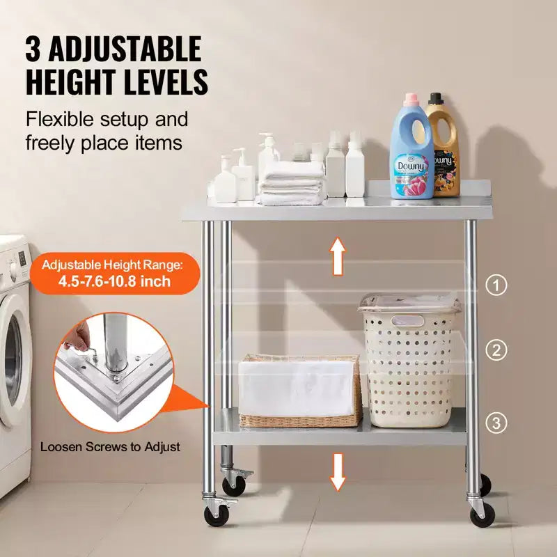 Table de travail à 2 étagères en acier inoxydable argenté avec roulettes – Usage commercial