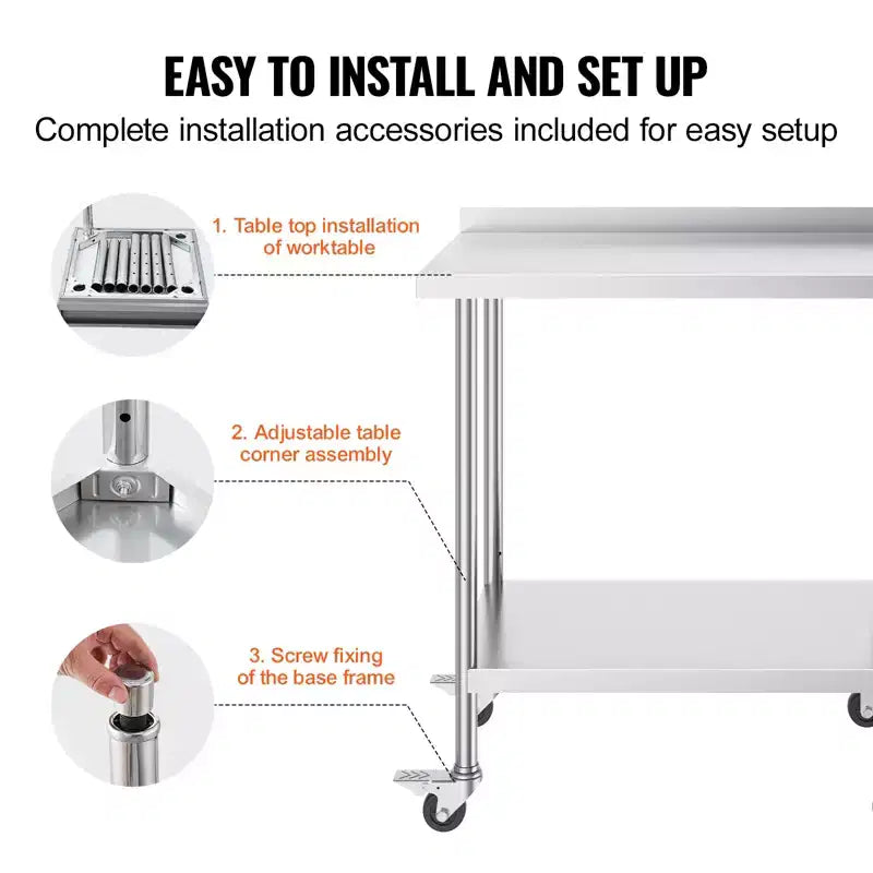 Table de travail à 2 étagères en acier inoxydable argenté avec roulettes – Usage commercial