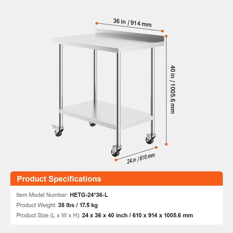 Table de travail à 2 étagères en acier inoxydable argenté avec roulettes – Usage commercial