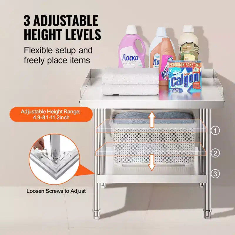 Table de travail à 2 étagères en acier inoxydable argenté