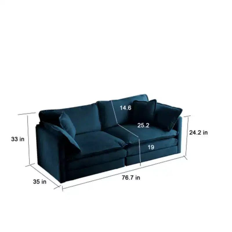 Causeuse rembourrée bleue / grise / blanche avec 2 poufs, 2 places