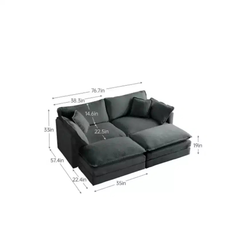 Causeuse rembourrée bleue / grise / blanche avec 2 poufs, 2 places