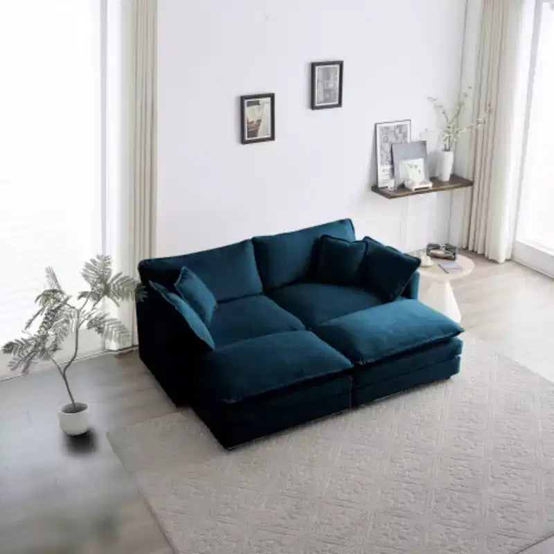 Causeuse rembourrée bleue / grise / blanche avec 2 poufs, 2 places