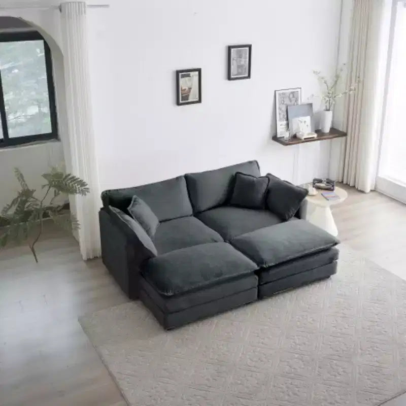 Causeuse rembourrée bleue / grise / blanche avec 2 poufs, 2 places