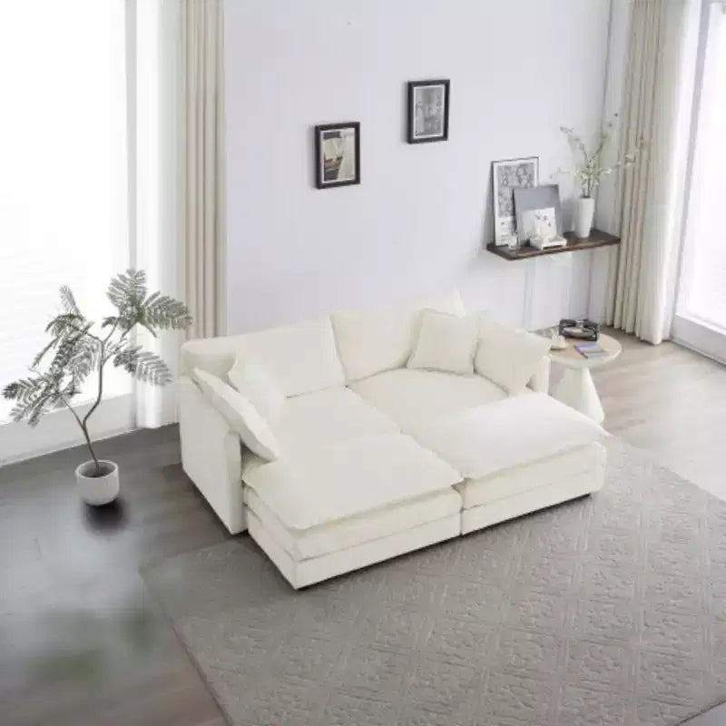 4-Piece Set: Upholstered 2-Seater Sofa and 2 Ottoman Pieces, Loveseat Lounge