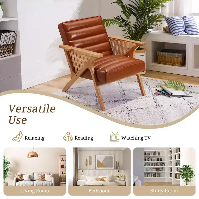 Fauteuil d'appoint en rotin et similicuir marron pour 1 personne