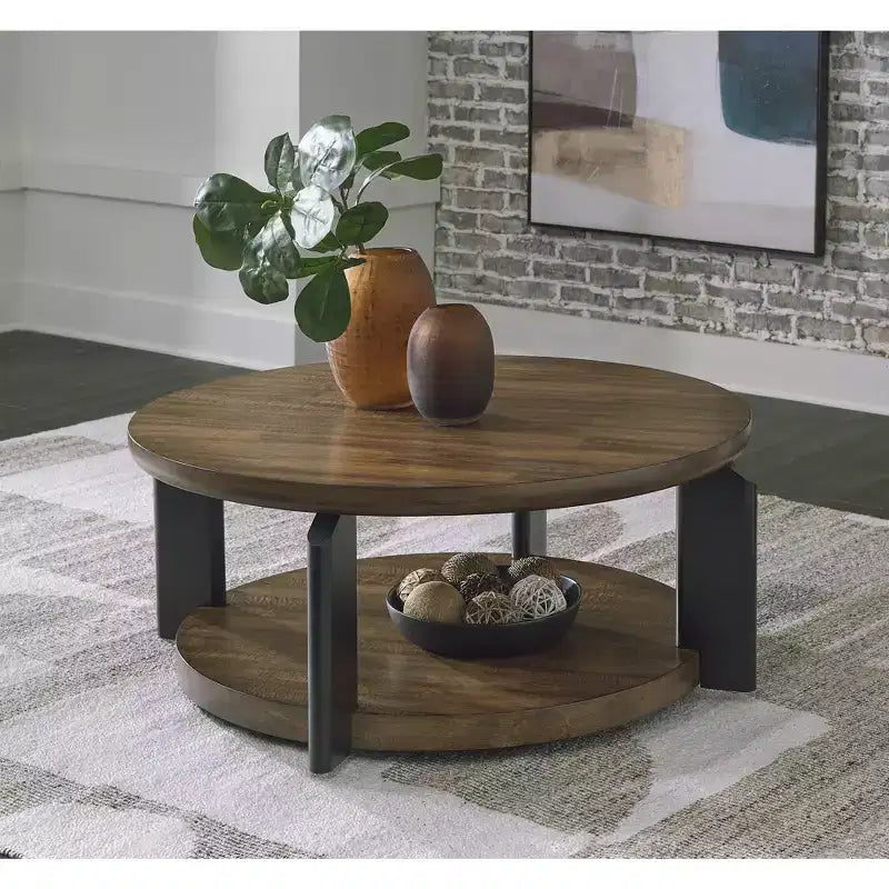 Table basse ronde marron et noire avec roulettes, 1 personne