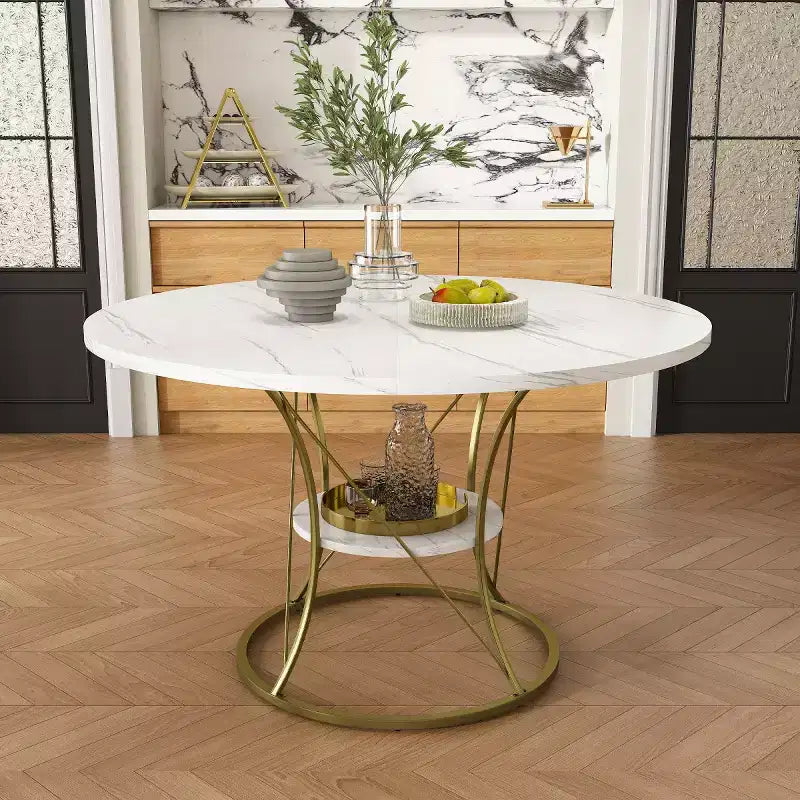 4359 Table de salle à manger ronde extensible pour 4 à 6 personnes, table de cuisine avec étagère de rangement et base en métal pour salle à manger-Panipeachy