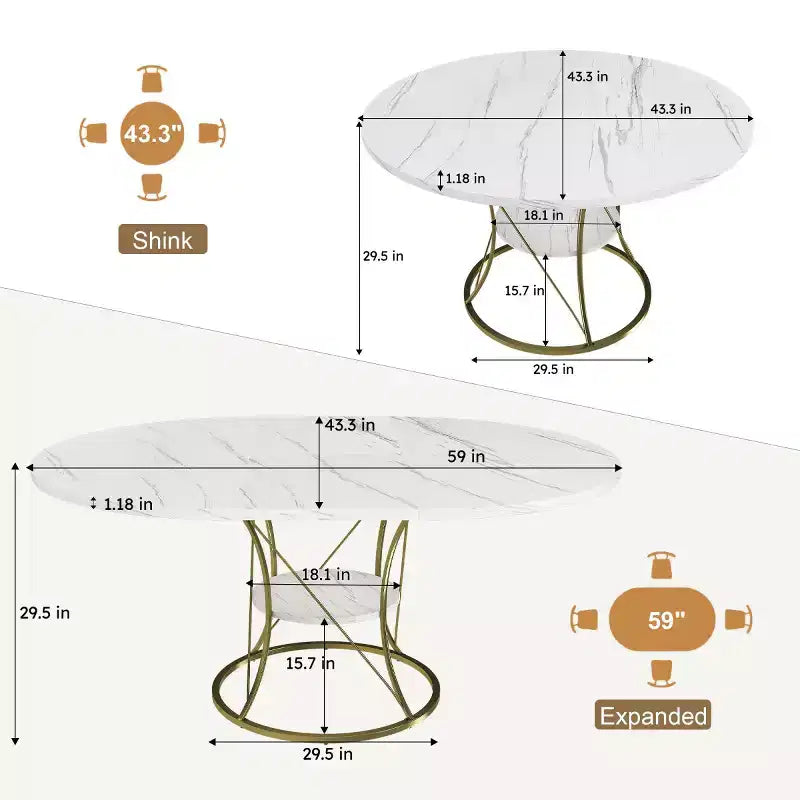 4359 Table de salle à manger ronde extensible pour 4 à 6 personnes, table de cuisine avec étagère de rangement et base en métal pour salle à manger-Panipeachy
