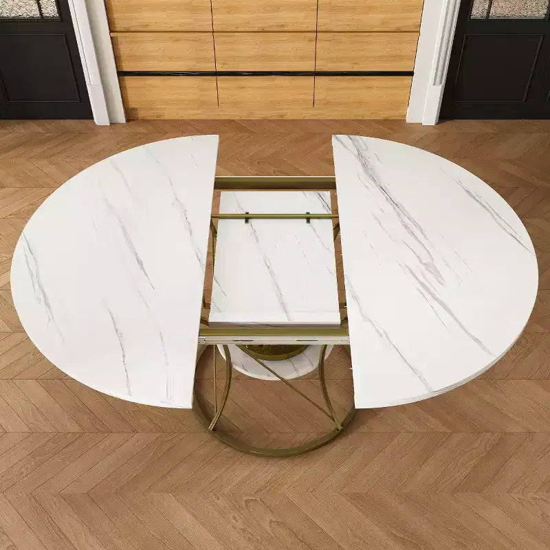 4359 Table de salle à manger ronde extensible pour 4 à 6 personnes, table de cuisine avec étagère de rangement et base en métal pour salle à manger-Panipeachy