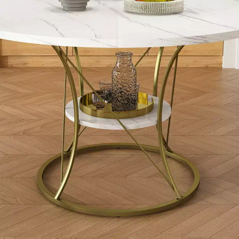 4359 Table de salle à manger ronde extensible pour 4 à 6 personnes, table de cuisine avec étagère de rangement et base en métal pour salle à manger-Panipeachy