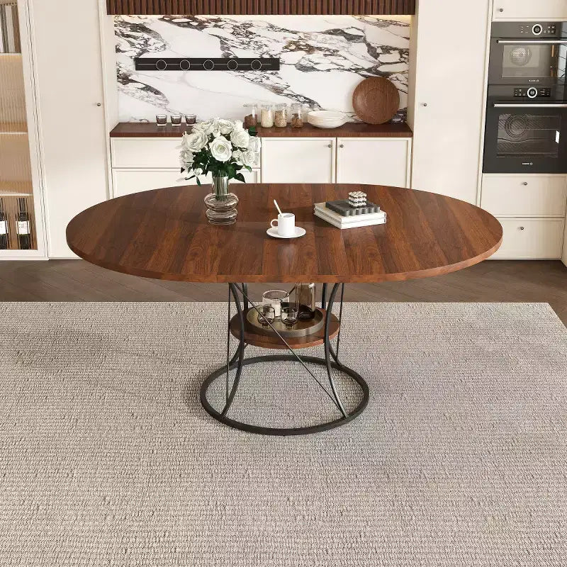 4359 Table de salle à manger ronde extensible pour 4 à 6 personnes, table de cuisine avec étagère de rangement et base en métal pour salle à manger-Panipeachy