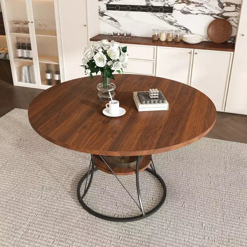 4359 Table de salle à manger ronde extensible pour 4 à 6 personnes, table de cuisine avec étagère de rangement et base en métal pour salle à manger-Panipeachy
