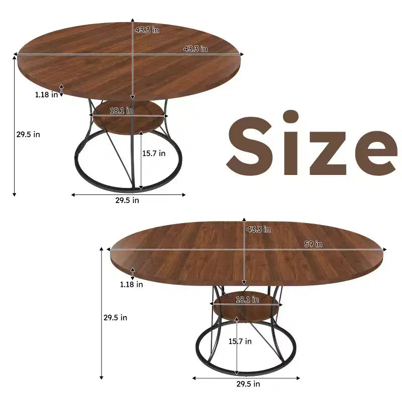 4359 Table de salle à manger ronde extensible pour 4 à 6 personnes, table de cuisine avec étagère de rangement et base en métal pour salle à manger-Panipeachy