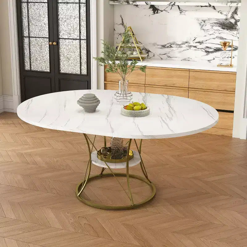 4359 Table de salle à manger ronde extensible pour 4 à 6 personnes, table de cuisine avec étagère de rangement et base en métal pour salle à manger-Panipeachy