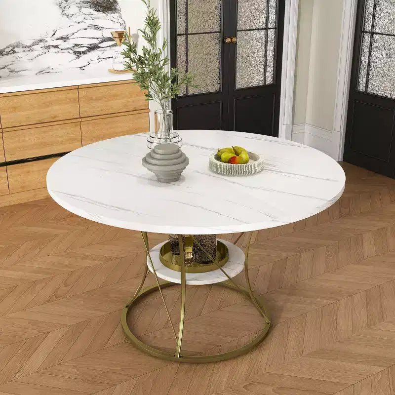 4359 Table de salle à manger ronde extensible pour 4 à 6 personnes, table de cuisine avec étagère de rangement et base en métal pour salle à manger-Panipeachy