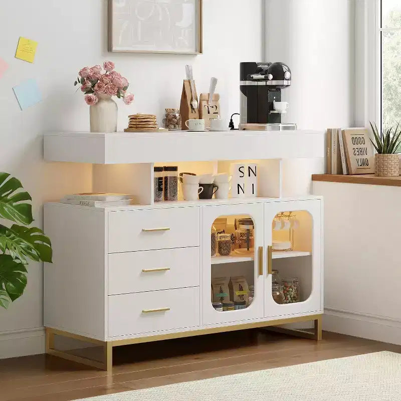Buffet moderne blanc/noir avec LED et station de recharge, 3 tiroirs 2 portes